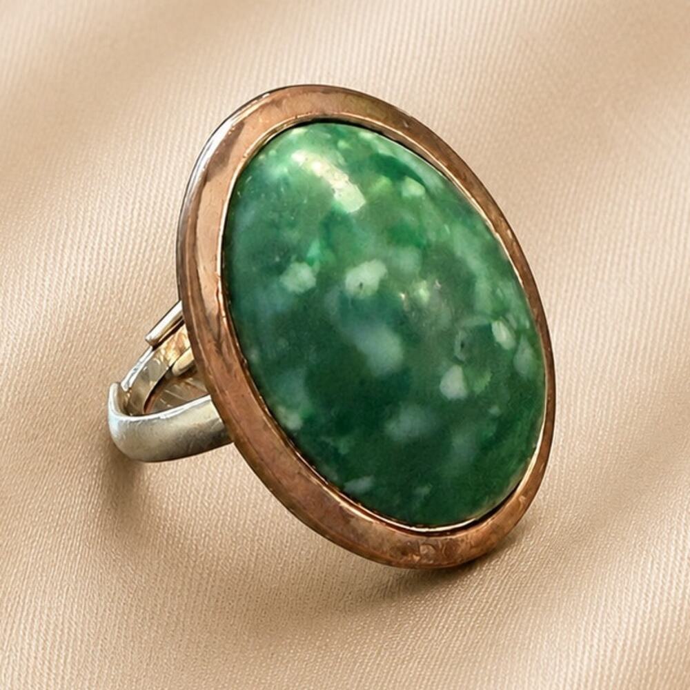 Cabochon Green 12K Copper Color Gold Filled Vintage Adjustable Statement Ring 7